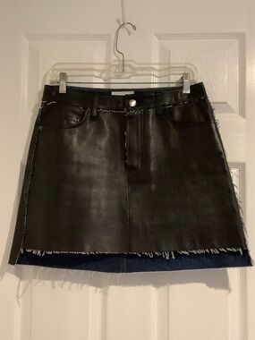 NWOT FRAME Le Mini Stagger Auberry Leather/Denim Frayed Hem  Mini Skirt 27